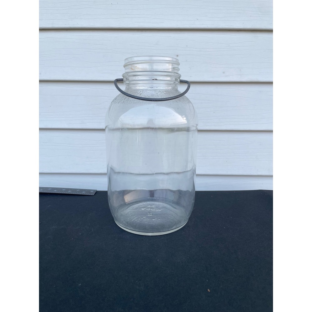 Hazel-Atlas Vintage Glass Jar with Wire Bail Handle Clear Pebbled Shoulder 8in